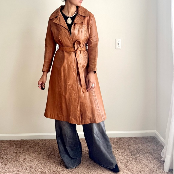 American Vintage Jackets & Blazers - Vintage 70s Cognac Leather Trench Coat Woven Braided